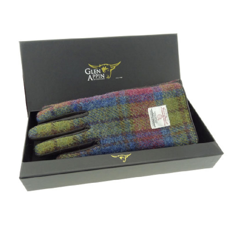 Ladies Brown Leather & Harris Tweed Gloves Boxed in Multi Tartan - Billede 2