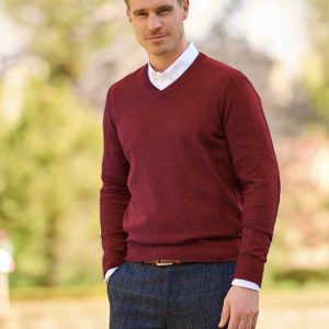 Pullover Lambswool “Jack” Met Harris Tweed Details In Red Dahlia