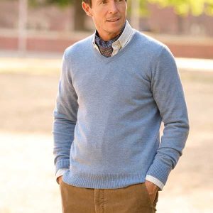 Pullover Lambswool “Jack” Met Harris Tweed Details In Blue
