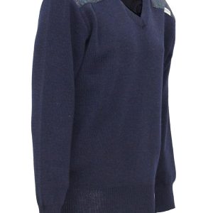 Vee neck sweater with Harris Tweed patches Navy