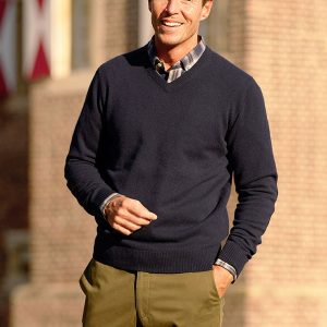 Pullover Lambswool “Jack” Met Harris Tweed Details In Navy