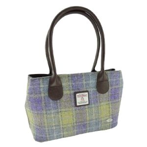 Harris Tweed ‘Cassley’ Classic Handbag in Muted Lilac & Lime Green Tartan