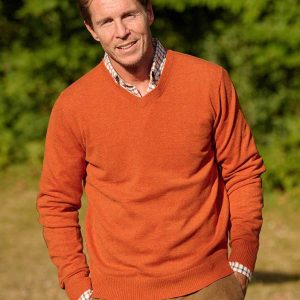 Pullover Lambswool “Jack” Met Harris Tweed Details In Burned Orange