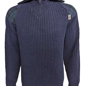 Zip sweater with Harris Tweed patches Navy