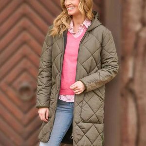 Dames Steppmantel ‘Perth’ Met Harris Tweed Details en Capuchon In Olive